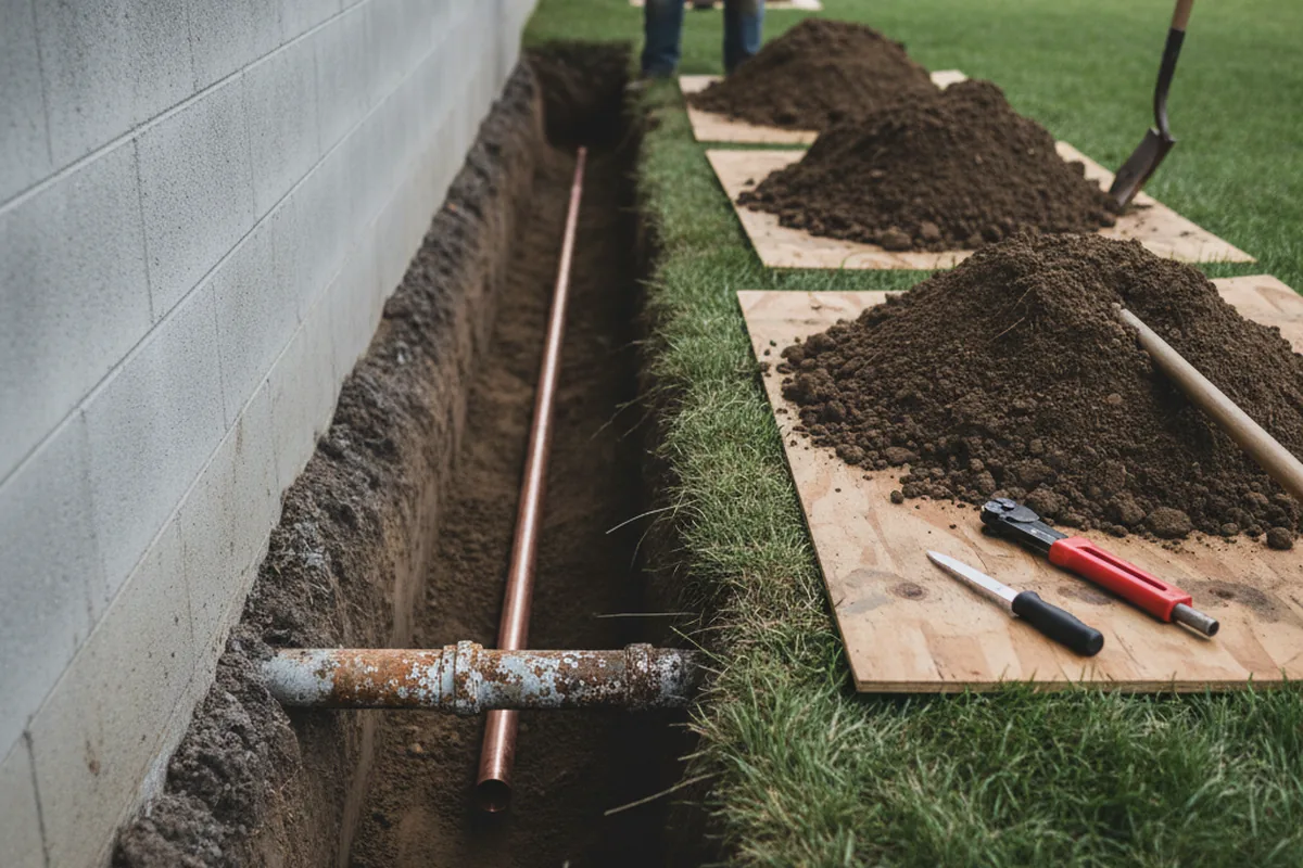 Excavated water line trench during Water Softener Installation in Montauk